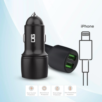 Triple OG Car Charger, Dual USB Car Charger with Lightning Cable, Alloy Car Adapter with 36W for iPhone12/12 Pro/11/11 Pro/XR/Xs/Max/X, iPad Pro/Air 2/mini, Galaxy
